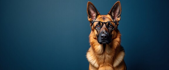 Obraz premium German Shepherd with Curious Expression Wearing Glasses Against Blue Background with Copy Space