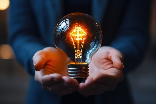 Illuminating Innovation:  A close-up shot of cupped hands holding a glowing light bulb, symbolizing a burst of creativity, inspiration, and the power of new ideas.  