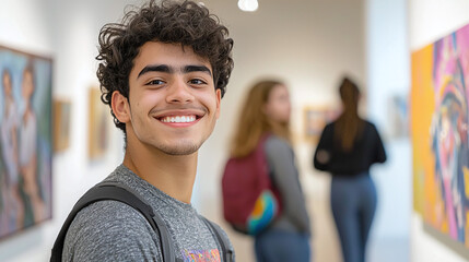 a young latino male college student at an art gallery