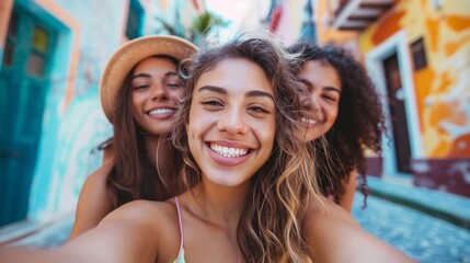 Fototapeta premium Group of friends taking a cheerful selfie on a vibrant street during a sunny day filled with fun and laughter.