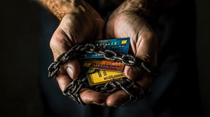 Close-up of hands gripping chained credit cards, representing financial debt, credit card dependency, and the burden of financial restrictions.