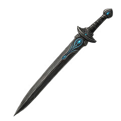 Black fantasy sword illustration, digital sword art, glowing blue accents, medieval weapon artwork, mystical blade drawing