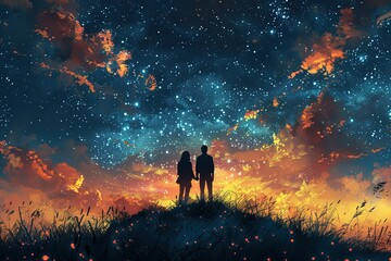 Fototapeta premium A couple stargazing from a hilltop, free space for text --ar 3:2 --stylize 750 --v 6 Job ID: bfd0b184-74dc-414c-83c5-010202b0071e