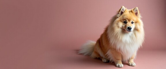 Obraz premium Adorable Pomeranian dog with alert expression sitting against pink background with copy space