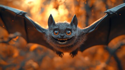 Cute halloween bat smiling and showing teeth while flying
