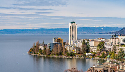 Naklejka premium 2024 Beautiful view on lake Geneva and Montreux