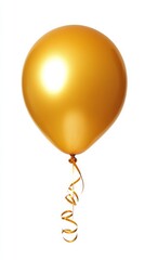 Single gold balloon floating with ribbon on white background