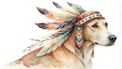 Watercolor Dog Native American Tribal Print delicate soft mood earthy natural organic style primitive ancient