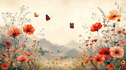 Obraz premium A serene landscape filled with vibrant flowers and butterflies.