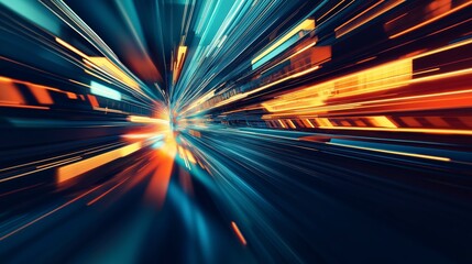 Abstract speed lines with glowing blue and orange lights converging to a vanishing point.