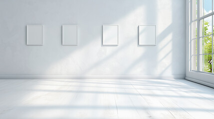 Fototapeta premium Bright, empty gallery space with natural light and blank frames