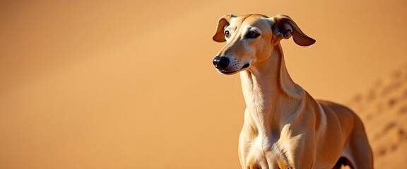 Elegant Whippet with Alert Expression Posing Against Warm Golden Background with Copy Space