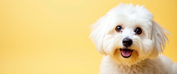 Friendly Maltese Dog Smiling Against Bright Yellow Background with Copy Space