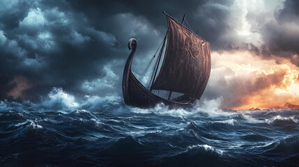 Viking ship. drakkar. viking ship sailing in storm at sea. viking boat. a viking ship sailing across a stormy sea, with waves crashing against the hull. illustration. Viking. Illustration