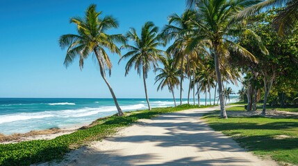 A beachside pathway lined with palm trees, leading to the sandy shore with a tranquil ocean view.