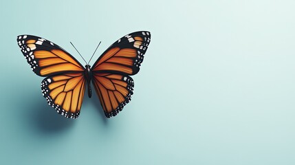 Fototapeta premium A vibrant butterfly with orange and black wings resting gracefully against a soft blue background, showcasing nature's beauty.