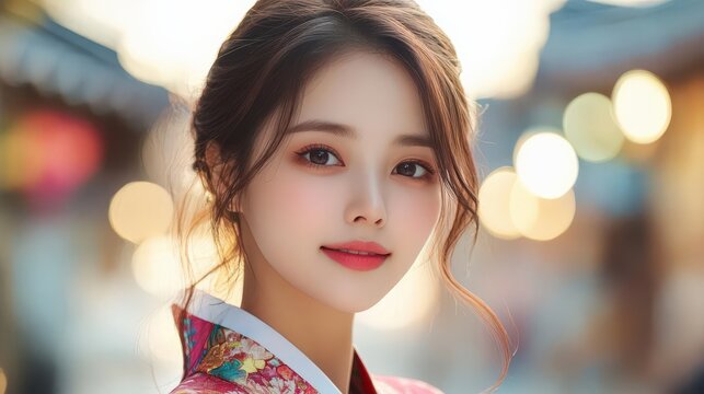 A serene portrait of a woman in traditional attire, showcasing beauty and culture against a softly blurred urban background.