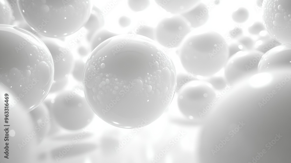 Poster white spheres floating in bright space with smaller bubbles inside