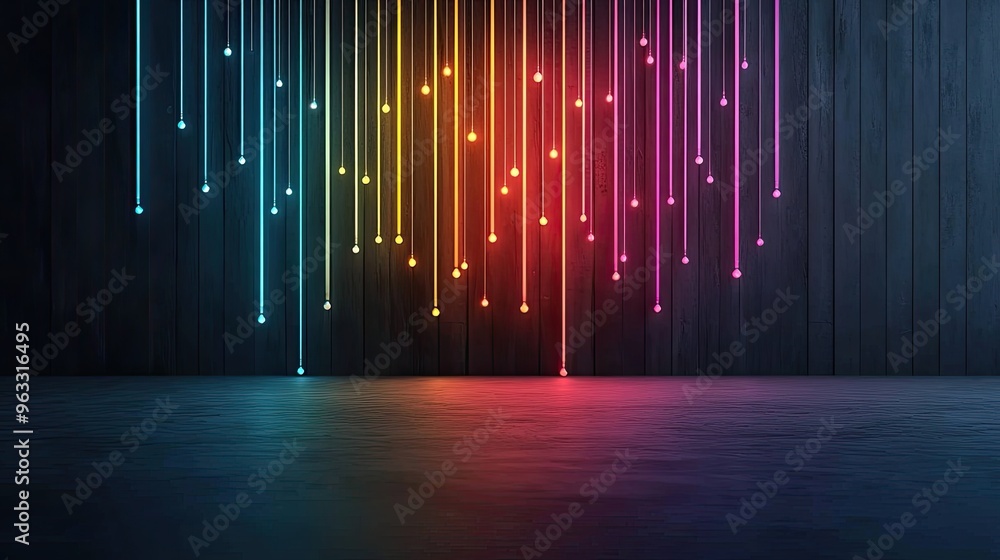 Poster a vibrant display of colorful lights hanging in a dark environment, creating a mesmerizing and moder