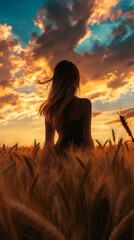 Woman standing in wheat field enjoying dramatic sunset