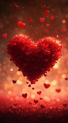 Obraz premium Heart made of red confetti with bokeh