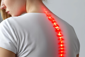 Red, glowing back pain concept. White lady having a back pain problem. Radiating, painful. Medical issue. 