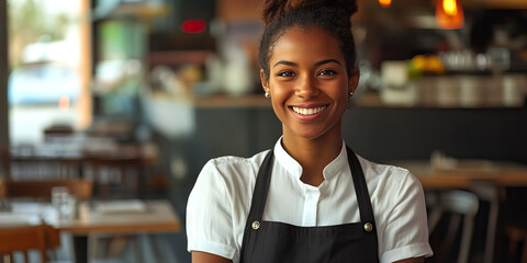 Fototapeta premium Simple Joy: A smiling waitress, hands clasped behind her back, standing near an empty table.