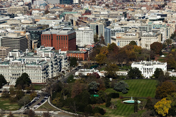 Aerial cityscape overlooking the US President's House, South Lawn & Eisenhower Old Executive Office Building, Washington DC
