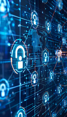 Fototapeta premium Detailed visualization of a secure network featuring interconnected data lines and nodes with a prominently locked gateway, symbolizing the complexity of digital privacy and cybersecurity.