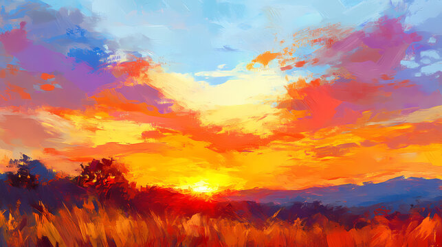 Vividly blending hues, impressionistic style defines my sunset palette strokes with abstract paint brushes. Impressionistic. Illustration