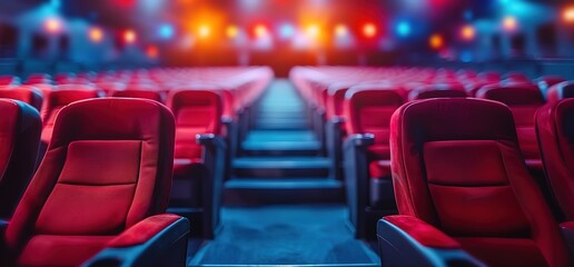 Obraz premium Empty red movie theater seats with blurry lights in the background. Perfect for illustrating movies, entertainment, and cinema.