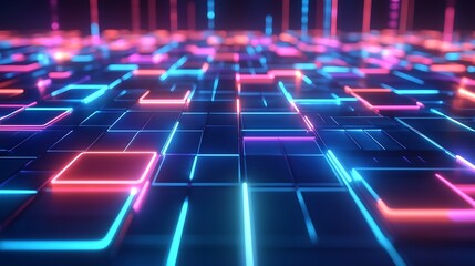 Futuristic 3D neon grid of glowing geometric shapes, displaying a complex digital network with vibrant, multicolored lights.