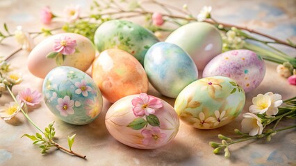 Fototapeta premium Watercolor-inspired hand-painted Easter eggs in pastel colors for a soft and romantic mood