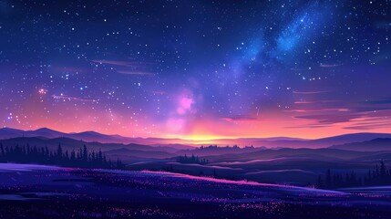 Fototapeta premium A breathtaking night sky filled with stars, showcasing a vibrant galaxy over tranquil hills and a colorful horizon.