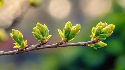 A close-up of young green buds on a tree branch, just beginning to open as spring arrives.