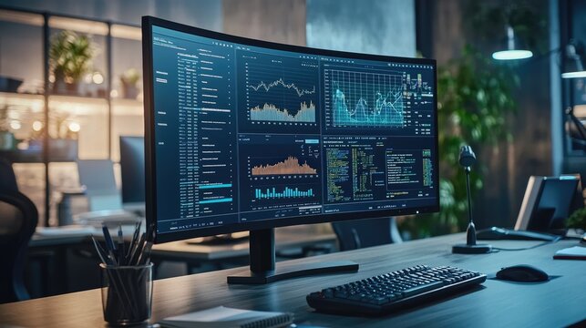 A computer screen displaying complex graphs and charts representing large datasets and analytics in a modern office setting.