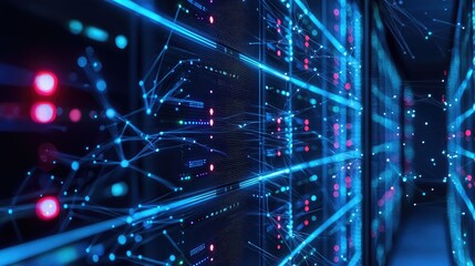 A conceptual image of interconnected data nodes and servers, representing the flow and analysis of big data.