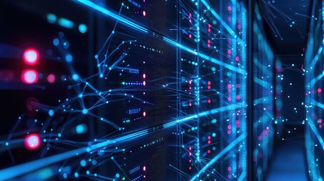 A conceptual image of interconnected data nodes and servers, representing the flow and analysis of big data.