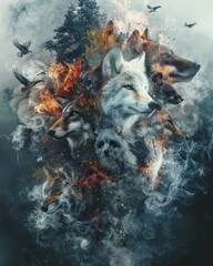 A captivating blend of wolves, nature, and fire, creating an ethereal and artistic representation of wild beauty.