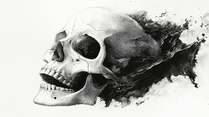 Obraz premium A detailed pencil drawing of a human skull with a black abstract background.