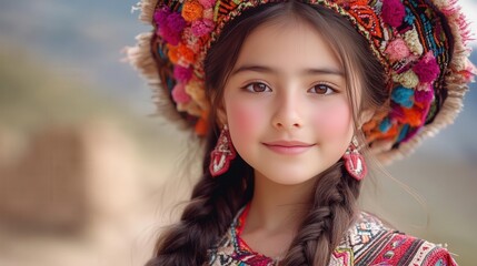 Portrait of a young girl in traditional Peruvian attire, showcasing vibrant colors and intricate patterns against a blurred background.