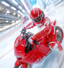 Fototapeta premium Exciting winter motorcycle racing in a snowy urban environment
