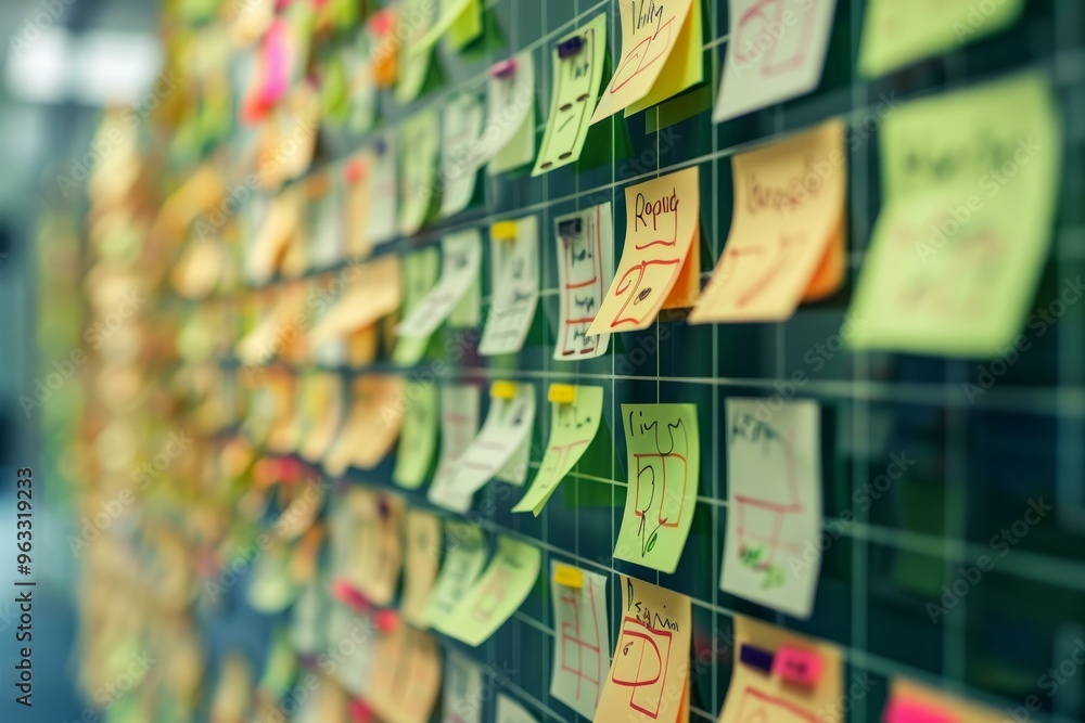 Poster project management board filled with sticky notes organizing work