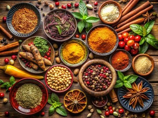 A colorful assortment of spices and herbs arranged beautifully in bowls. Perfect for culinary or cooking-related projects.