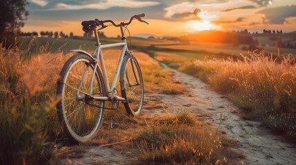 Naklejka premium A red bicycle is parked in a field with a beautiful sunset in the background. Concept of peace and tranquility, as the bike is surrounded by nature