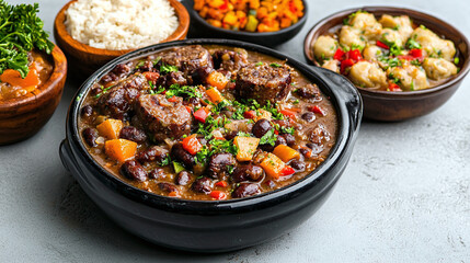 a traditional Brazilian feijoada dish served with side dishes.