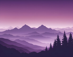 Beautiful Purple mountain silhouette landscape with fog in mountains background. 