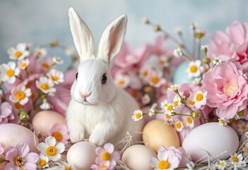 Obraz premium White Easter Bunny Amongst Pastel Eggs and Flowers 