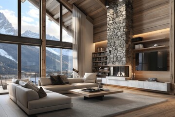 Obraz premium Interior rendering of a modern chalet living room featuring a stone fireplace, wood walls, large windows with mountain views, a sofa facing a TV on a wall shelf, a coffee table by the window,