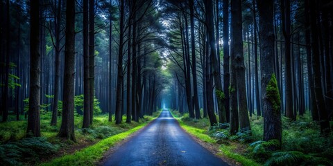 Obraz premium A serene pathway through a dense forest, illuminated by soft, ethereal light filtering through tall trees.